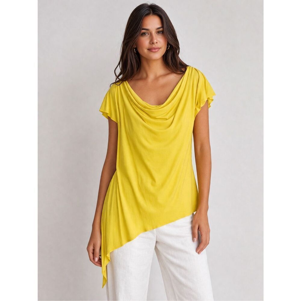 MKM Designs Bohemian Yellow Asymmetrical Cowl Neck Top Size L NOTES